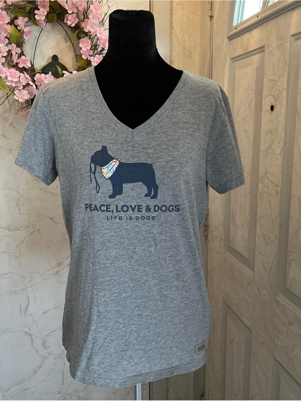 Life Is Good Gray V-Neck Tee with Navy Dog Graphic and Multicolor Bandana